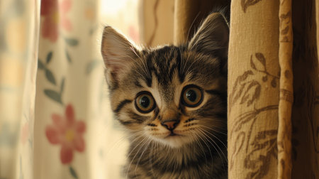 A close-up of a tabby kitten with big, bright eyes and a curious expression, peeking out from behind a curtain.の素材