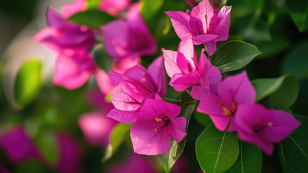 A close-up of a bright pink bougainvillea flower, with its papery petals vividly contrasting with lush green leaves.の素材