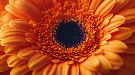 A close-up of a bright orange gerbera daisy, with its vivid petals radiating from a dark center.の素材
