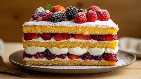 A classic sponge cake with layers of whipped cream and fresh fruit, topped with a light dusting of powdered sugar.の素材