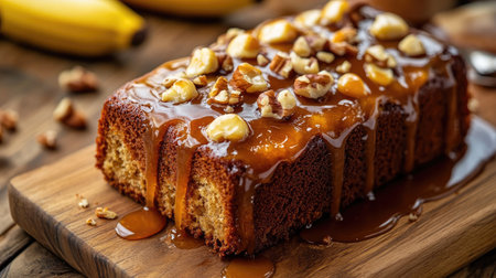 A close-up of a moist banana cake with caramel drizzle and chopped nuts, served on a rustic wooden cutting board.の素材