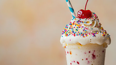 A close-up of a decadent milkshake topped with whipped cream, sprinkles, and a cherry.の素材