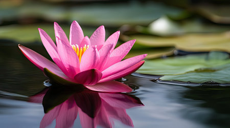 A close-up of a bright pink lotus flower floating on calm water, with its petals softly opening to the sun.の素材