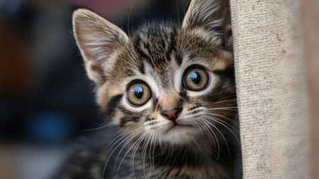 A close-up of a tabby kitten with big, bright eyes and a curious expression, peeking out from behind a curtain.の素材