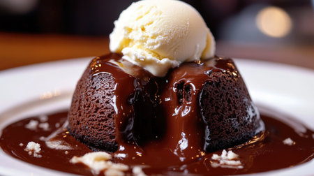 A close-up of a chocolate lava cake with molten chocolate flowing out, topped with a scoop of vanilla ice cream.の素材