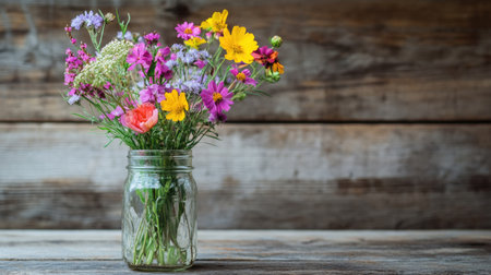 A collection of bright wildflowers in a mason jar, creating a rustic, charming display on a wooden table.の素材