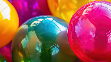 A close-up of bright-colored inflatable yoga balls, with light reflections highlighting their smooth surfaces.の素材