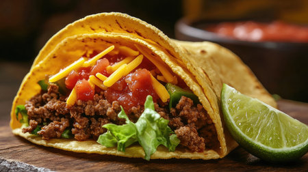 A close-up of a crispy taco filled with seasoned ground beef, cheese, lettuce, and salsa, with a lime wedge on the side.の素材