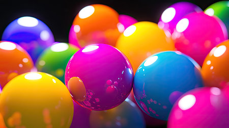 A close-up of bright, shiny rubber balls of different sizes and colors, reflecting light against a black background.の素材