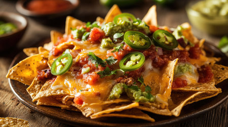 A close-up of nachos piled high with melted cheese, jalapeos, salsa, and guacamole, served on a rustic plate.の素材