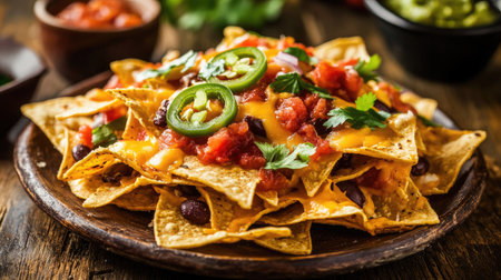 A close-up of nachos piled high with melted cheese, jalapeos, salsa, and guacamole, served on a rustic plate.の素材