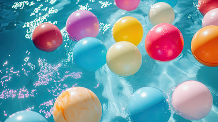 A collection of bright, bouncy foam balls floating in a pool, creating a fun, summer vibe.の素材