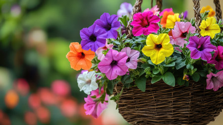 A collection of bright-colored petunias hanging in a basket, with each flower showing off its vibrant hue.の素材
