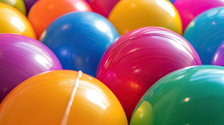 A close-up of bright-colored inflatable yoga balls, with light reflections highlighting their smooth surfaces.の素材