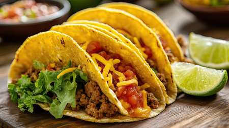 A close-up of a crispy taco filled with seasoned ground beef, cheese, lettuce, and salsa, with a lime wedge on the side.の素材