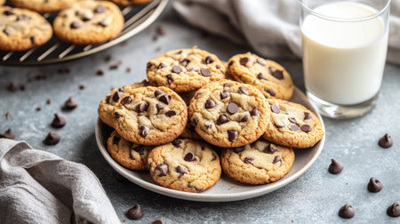 A collection of chocolate chip cookies, fresh out of the oven, with a glass of cold milk on the side.の素材