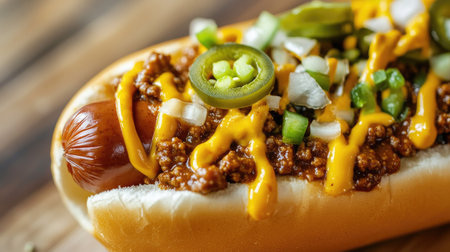 A close-up of a loaded chili cheese dog with melted cheese, diced onions, and jalapeos, served on a soft bun.の素材