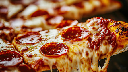A close-up of a pepperoni pizza slice with bubbling cheese, fresh from the oven, with other slices in the background.の素材