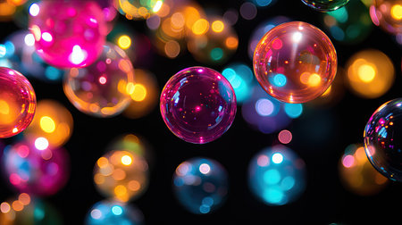 A close-up of bright, shiny rubber balls of different sizes and colors, reflecting light against a black background.の素材