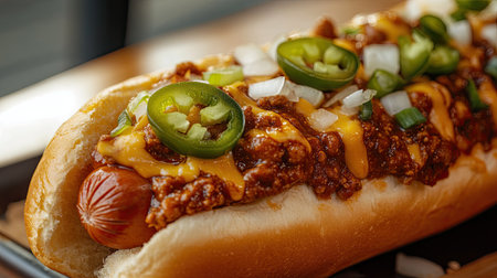 A close-up of a loaded chili cheese dog with melted cheese, diced onions, and jalapeos, served on a soft bun.の素材