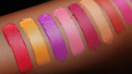 A close-up shot of various lipstick shades swatched on a woman's wrist, showcasing a range of bright and bold colors.の素材