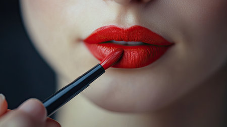 A close-up of a woman's lips being carefully painted with bright red lipstick, with a soft focus on the lips and a blurred background.の素材