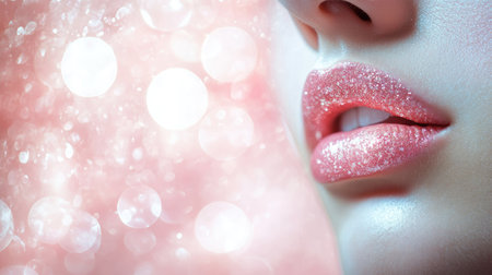 A close-up of a womans lips wearing a glossy pink lipstick, with a soft bokeh effect in the background.の素材