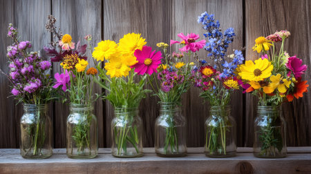 A collection of bright wildflowers in a mason jar, creating a rustic, charming display on a wooden table.の素材