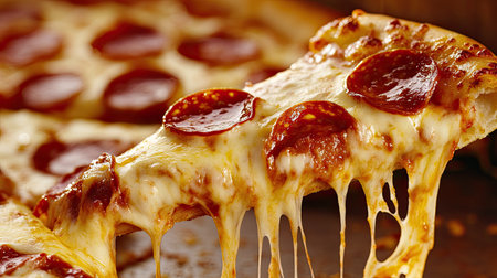 A close-up of a pepperoni pizza slice with bubbling cheese, fresh from the oven, with other slices in the background.の素材