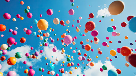 A colorful array of small, bright-colored juggling balls tossed mid-air, captured in motion against a blue sky.の素材