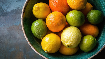 A collection of citrus fruits--lemons, limes, and oranges--arranged in a bowl, showcasing their bright hues.の素材