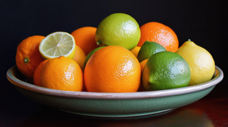 A collection of citrus fruits--lemons, limes, and oranges--arranged in a bowl, showcasing their bright hues.の素材