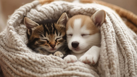 A cute kitten and a puppy snuggling together in a basket, wrapped in a soft, cozy blanket.の素材