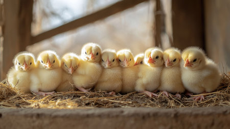 A group of fluffy baby chicks huddled together in a sunny corner of a barn, with straw scattered around them.の素材