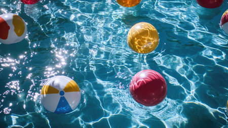 A group of bright-colored inflatable beach balls floating in a pool, casting shadows on the water.の素材