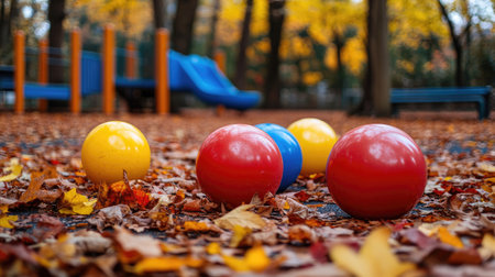 A group of bright red, blue, and yellow kickballs on a playground, surrounded by fallen autumn leaves.の素材