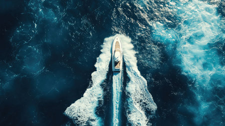 A fast boat seen from above, slicing through the waves of a deep blue ocean, with a long white trail of foam marking its path.の素材