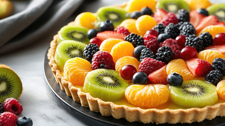 A colorful fruit tart topped with a variety of bright, fresh fruits like kiwi, berries, and mandarin slices.の素材
