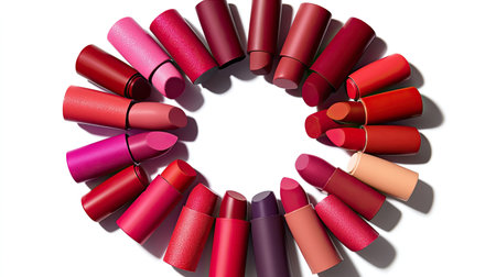 A collection of matte lipstick shades arranged in a circle, with their caps removed to show the full spectrum of colors.の素材