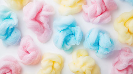 A colorful assortment of cotton candy in pastel pink, blue, and yellow, arranged on a white background.の素材
