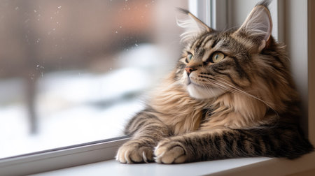 A fluffy Maine Coon cat lounging on a windowsill, watching the birds outside with an attentive gaze.の素材