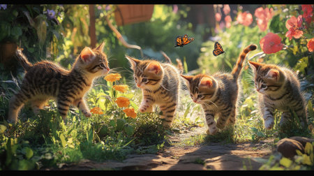 A group of fluffy kittens exploring a sunny garden, curiously sniffing flowers and chasing butterflies.の素材