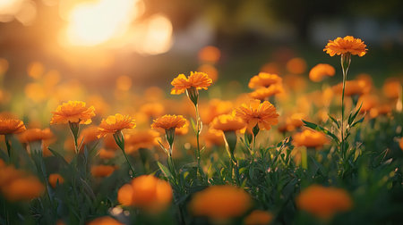 A field of bright orange marigolds swaying gently in the breeze, with the soft light of the setting sun in the background.の素材