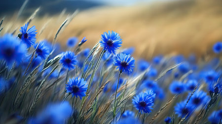 A field of bright blue cornflowers swaying in the wind, creating a serene and picturesque scene.の素材