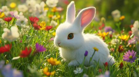 A fluffy white bunny with pink ears hopping around a green meadow, surrounded by colorful wildflowers.の素材