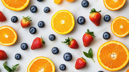 A flat lay of bright fruits like blueberries, strawberries, and oranges scattered on a white marble surface.の素材