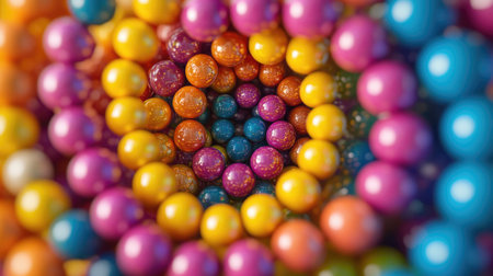An overhead view of a colorful cluster of small, bright-colored plastic balls arranged in a spiral pattern.の素材