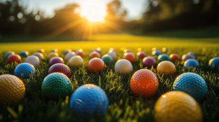 An assortment of bright-colored golf balls arranged on a grassy field, with the sun setting in the background.の素材