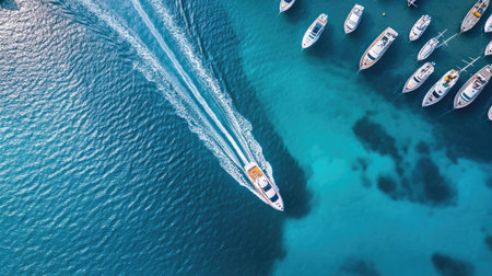 Aerial perspective of a speedboat cruising near a harbor filled with sailboats and yachts, leaving a rippling trail in the calm, blue water.の素材