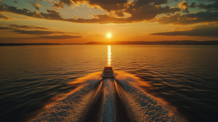 Aerial shot of a speedboat heading toward the horizon at sunset, with golden reflections on the water and a dramatic sky in the background.の素材